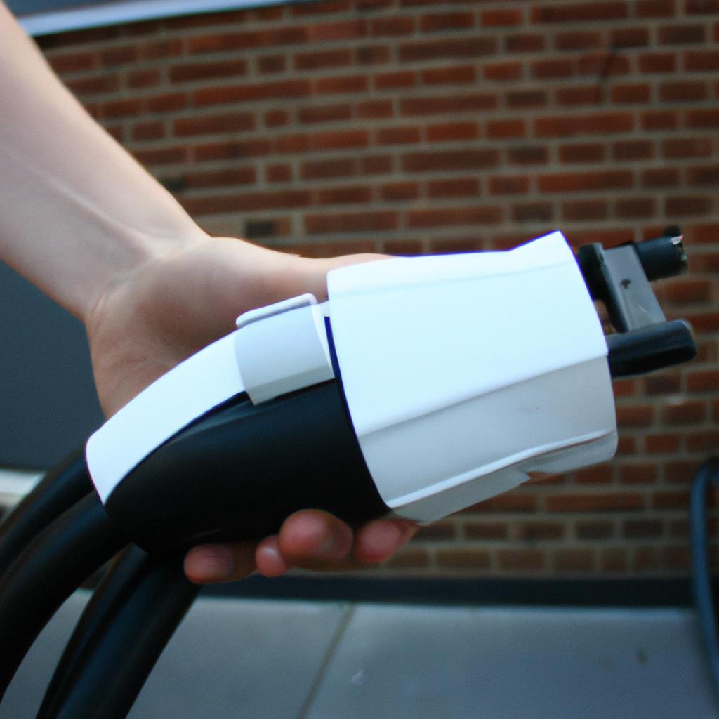Person holding electric vehicle charger